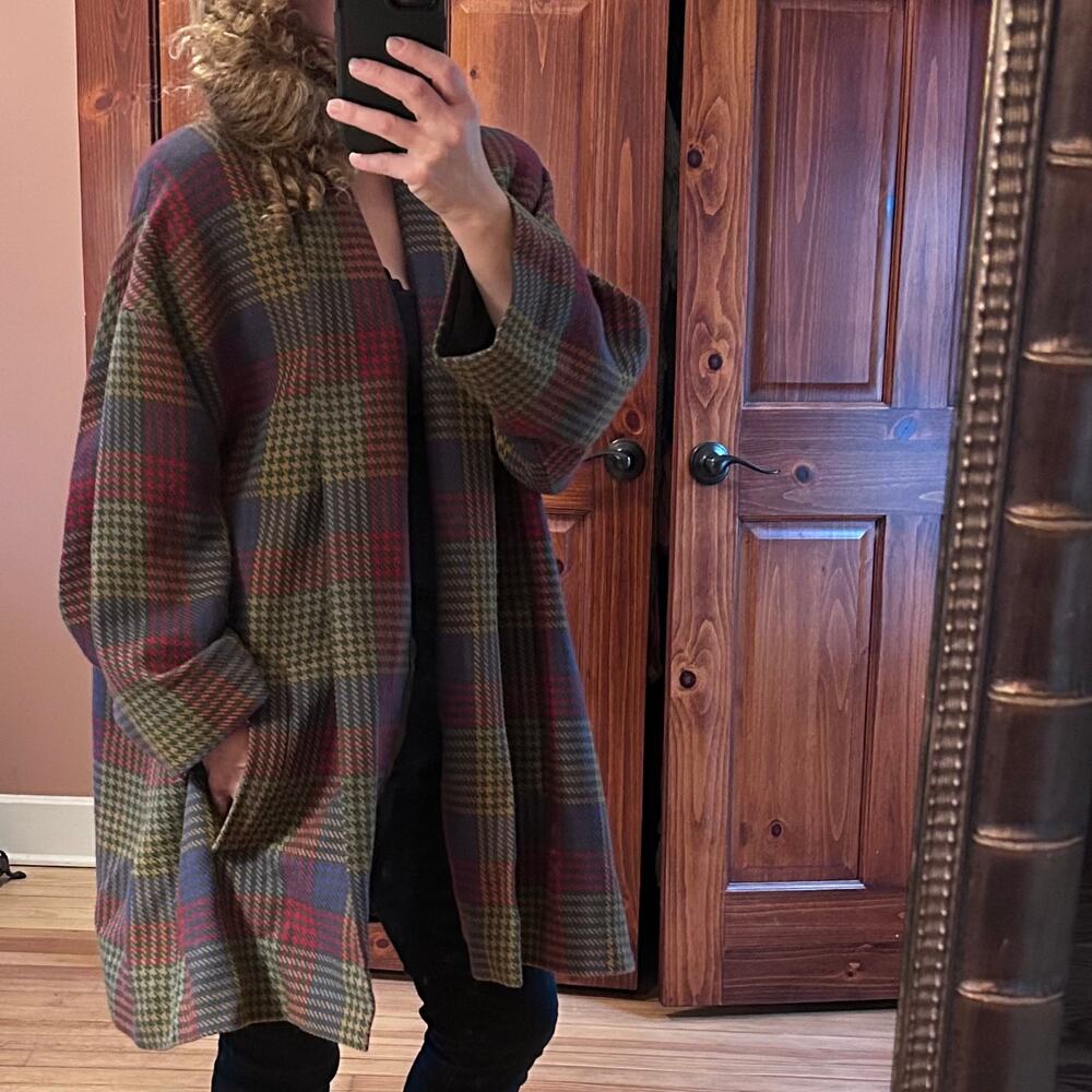 Jun Ashida Paris coat medium plaid houndstooth colorful wool oversized shawl